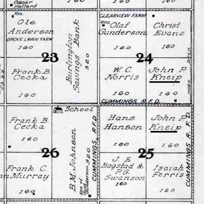 1927 Standard Atlas of Traill County, plat map of SE portion of Ervin Township: Location of 320 acres farmed by John Peter Jr. & Margaret (Beitz) Kneip