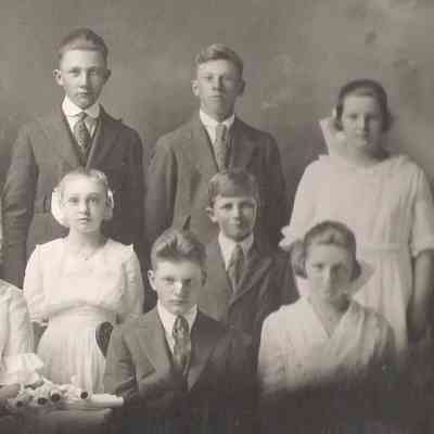 Trinity Lutheran Church, Roseville Township, Traill County, ND: Joseph Amb (back at right) with confirmation class of 1918? Photo courtesy granddaughter Jane (Zahnow) Cox