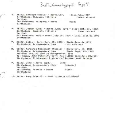 Beitz_Genealogy.pdf by Karen (Fleischer) Ackerman courtesy granddaughter Jackie (Ausk) Baumgartner: Information on children of Adam and Julia (Burg) Beitz, page 4