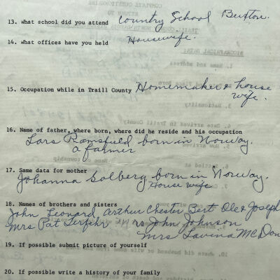 Page two of Esther Ramsfield’s questionnaire