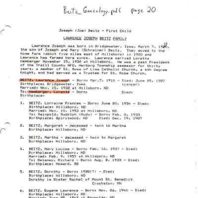 Beitz_Genealogy.pdf by Karen (Fleischer) Ackerman courtesy granddaughter Jackie (Ausk) Baumgartner: Information on Lawrence and Loretta (Hemberger) Beitz, and six children, page 20
