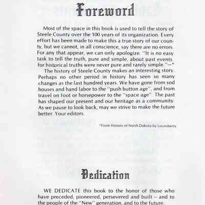 Steele County Historical Society, Finley, North Dakota: Steele County, 1883-1983: A Centennial Commemoration, Foreword & Dedication