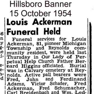 Hillsboro Banner, 15 October 1954: Obituary, Louis Ackerman