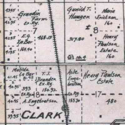 1900 map, portion of Eldorado Township, Traill County, North Dakota: School No. 4 located in SW Qtr. Sect. 8, about 1 mile North of former Clark railroad siding.