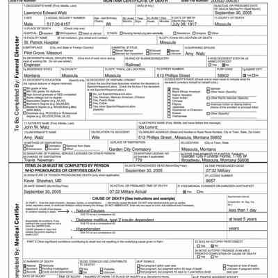 Certificate of Death, Lawrence Edward Walz, courtesy Ancestry.com: 30 September 2005, Missoula, Missoula County, Montana