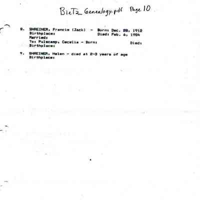 Beitz_Genealogy.pdf by Karen (Fleischer) Ackerman courtesy granddaughter Jackie (Ausk) Baumgartner: Information on Wolfgang Jr. and Caroline (Beitz) Schreiner family, page 10