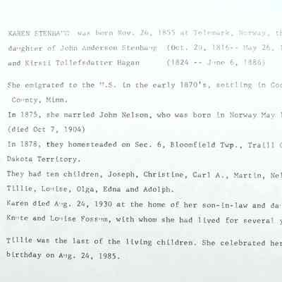 Stenhaug family: Karen Stenhaug (Mrs. John Nelson), pioneers of Norway Township, Traill County, DT