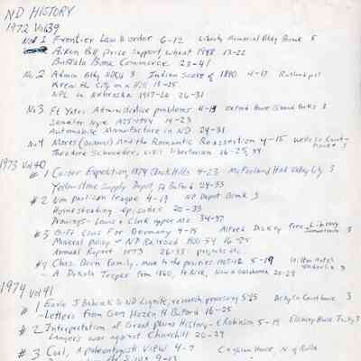 North Dakota History, State Historical Society of North Dakota, Bismarck: Page 4: Notes by Jim Arhlin on papers in issues from 1972 to 1974