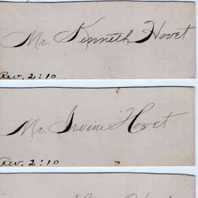 Stina (Halvorson) Hovet's name card and for children Kenneth, Irvine and Thelma