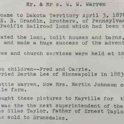 Information on the life of Mr. & Mrs. W. W. Warren: On display at the Goose river Heritage Center, Mayville, ND