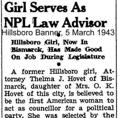 Hillsboro Banner, 5 March 1943: Thelma Hovet goes to Bismarck to practice law