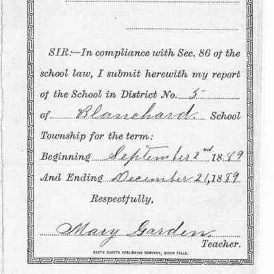 Blanchard School No. 5, 1889 Fall Term: Mary Garden, Teacher's Report