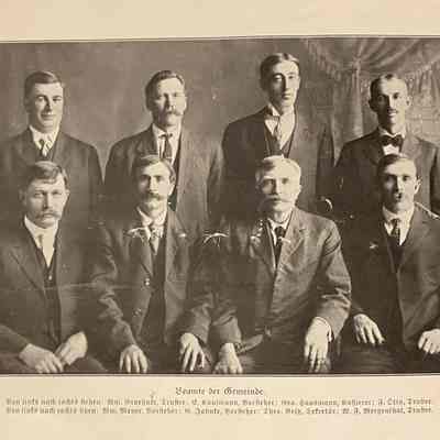 Immanuel Church officials: Church Officials included (standing, left to right): Wm. Heinrich Groehnke, Fredrich Kuhlmann, Geo. Karl Hausmann, F. Otto, and (sitting, left to right): Wm. Meyer, G. Jahnke, Theo. Beltz, W. F. Mergenthal.