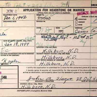 Merlin Joel Hagen, son of John and Hannah (Larson) Hagen: Application for Military Grave Marker by Norman Hagen, 28 Oct. 1948
