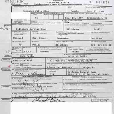 Certificate of Death, Traill County, North Dakota: Record for Margaret Julia (Kneip) Olson, informant Charlotte (Olson) Adams