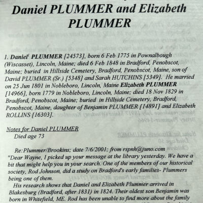 Plummer family: Daniel and Elizabeth Plummer, grandparents of Amos Plummer, 1881 Banker in Hillsboro, Traill County