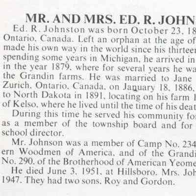 Johnston family: Ed. R and Jane (Nicholson) Johnston, 1879 settlers in Kelso Township, Traill County, DT