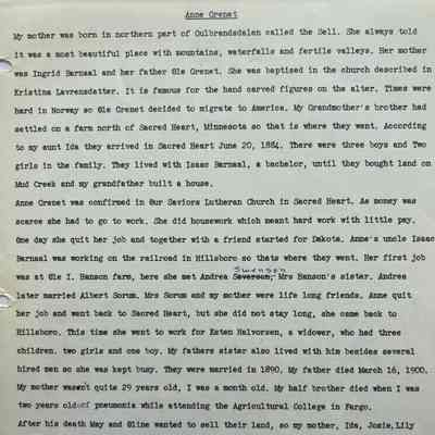 Grenet family: Anne Grenet (Mrs. Esten Halvorsen), pioneer woman of Eldorado Township, Traill County, DT