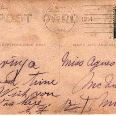 Postcard to Miss Agness Rustad of McIntosh, Minnesota: Postcard sent from Grand Forks, ND, on 18 January 1914.