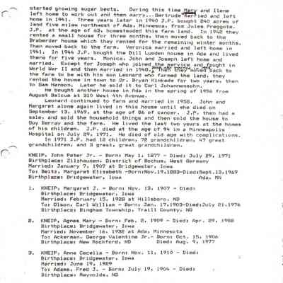 Kneip_Genealogy.pdf by Karen (Fleischer) Ackerman courtesy granddaughter Jackie (Ausk) Baumgartner: Information on John Peter (JP) Jr. & Margaret (Beitz) Kneip, page 7
