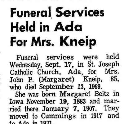 Hillsboro Banner, 25 September 1969: Obituary, Margaret (Beitz) Kneip [Mrs. John Peter Kneip Jr.] of Ada, MN