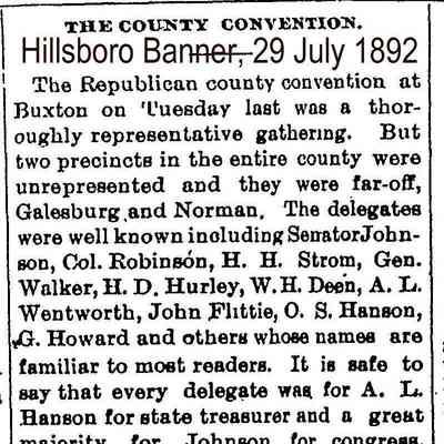 Hillsboro Banner, 29 July 1892: John Rindahl, County Commissioner for District 5.