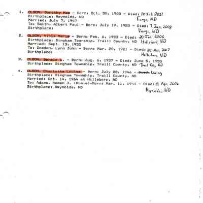 Page 10, Kneip_Genealogy.pdf by Karen Smith, compiled by Karen (Fleischer) Ackerman, and scanned by Karen's granddaughter Jackie (Ausk) Baumgartner: Information on Carl W. and Margaret (Kneip) Olson's four children