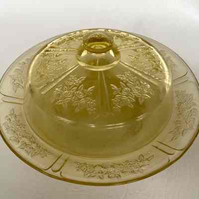 Federal Glass "Sharon" Cabbage Rose Cheese/Butter Dish & Cover