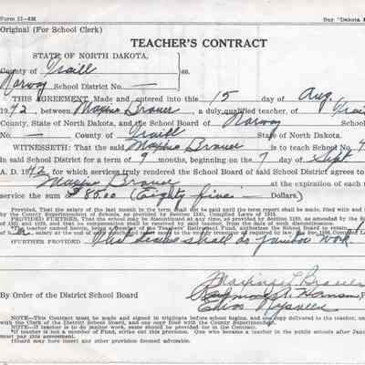Norway School No. 4, 1942-1943 Teacher's Contract: Maxine Brauer, teacher
