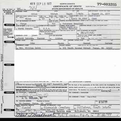 Death certificate for Orlen Adolph Hagen: Veteran's Hospital, Fargo, Cass County, ND