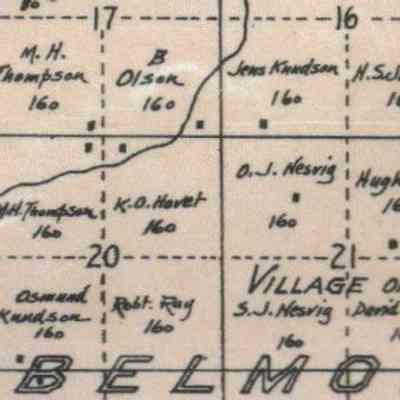 1900 plat map, portion of Belmont Township, Traill County, ND: Knudt O. Hovet land, 160 acres in the NE Qtr. of Sect. 20, farmed by John Knutson and Maggie (Holto) Hovet.
