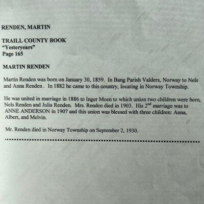 Renden family: Martin and Inger (Moen) Renden, 1882 settler in Norway Township, Traill County, Dakota Territory
