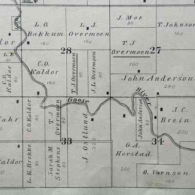 1892 Traill and Steele Counties Atlas, portion of Norway Township: T. J. Overmoe land in Sections 27, 28, and 33