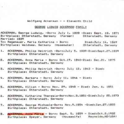 Ackermann_Genealogy.pdf by Karen (Fleischer) Ackerman courtesy granddaughter Jackie (Ausk) Baumgartner: Information on Anna Maria Ackerman, page 4
