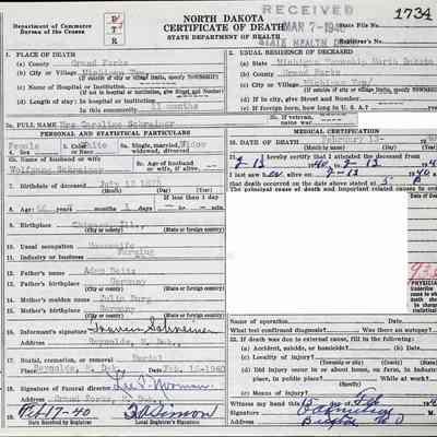 North Dakota Certificate of Death, Grand Forks County: Death of Caroline (Beitz) Schreiner