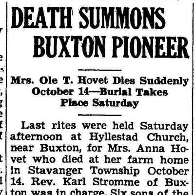 Hillsboro Banner, 23 October 1936, page 1: Obituary, Anna (Jormeland) Hovet