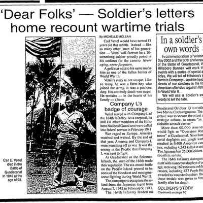 Page 1, Hillsboro Banner, 19 October 2002: Soldier Carl Vettel letters home article by Michelle McLean, part 1