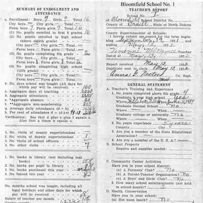 Bloomfield School No. 1, Teacher's Report, 13 May 1922: Vivienne McNamee, Teacher