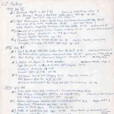 North Dakota History, State Historical Society of North Dakota, Bismarck: Page 5: Notes by Jim Arhlin on papers in issues from 1975 to 1977
