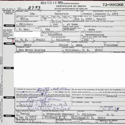 Ida (Miller) Halvorson: North Dakota Certificate of Death, Hillsboro, Traill County, ND