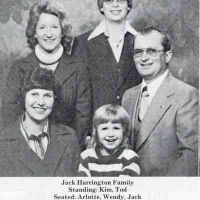 Hendrum Centennial, 1882-1982, book, page 197, Column 1: Jack and Arlotte Harrington with children Kim, Tod and Wendy