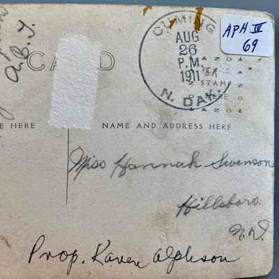 Back of postcard showing address for Miss Hannah Swenson