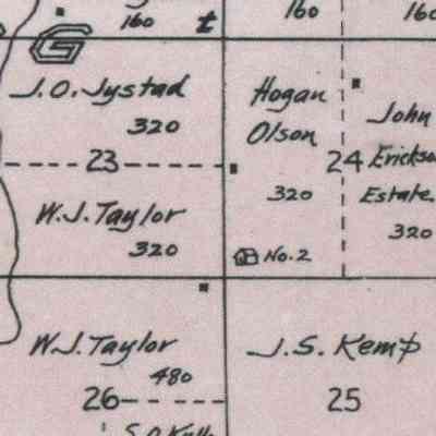 1900 map, portion of Galesburg Township, Traill County, North Dakota: Galesburg School No. 2 was located in the SW Qtr. of Sect. 24