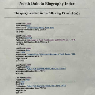 Leraas family: Anton, Conrad, John, Knute, Martinus, Marvin, Nels & Ole Leraas on ND Biography Index