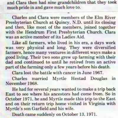 Hendrum Centennial, 1882-1982, book, page 196, Column 1: Brief life history of Charles Harrington. and Clara Knutson, page2