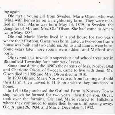 Ole and Marie (Olson) Norby: Column 2, Page 146, Traill County History book, Vol. I