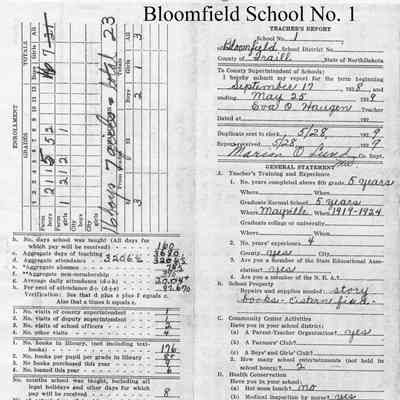 Bloomfield School No. 1, 1929 Teacher's Report: Eva O. Haugen, Teacher