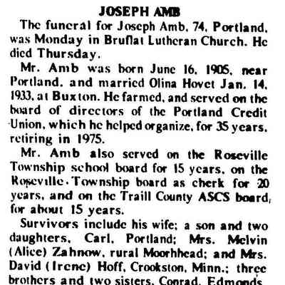 Hillsboro Banner, 10 January 1980: Obituary, Joseph Amb