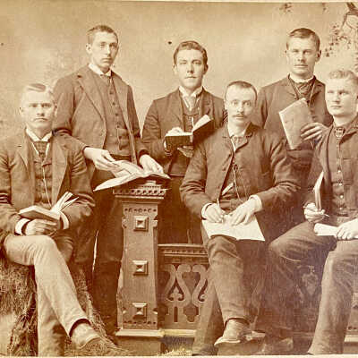 Hovet and College Boys: at far right is likely Ole John Hovet, son of Ole O. and Jacobine Hovet of Stavanger Township, Traill County, ND