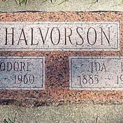 Grave-marker, Theodore and Ida (Miller) Halvorson, courtesy US Find-a-Grave: Cemetery, Hillsboro, Traill County, ND